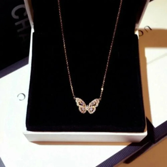 S925 Rose Gold Simulated Diamond Butterfly Necklace - Picture 5 of 8
